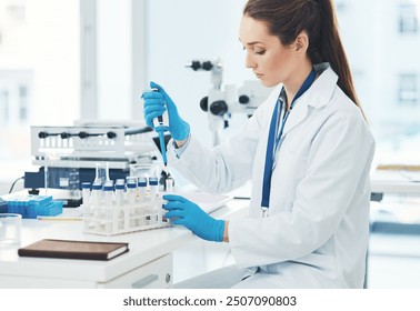 Sample, pipette and scientist with research, science laboratory and biology for pharmaceutical in Denmark. Female person, healthcare and technician in pathology, test or investigation in mpox vaccine - Powered by Shutterstock