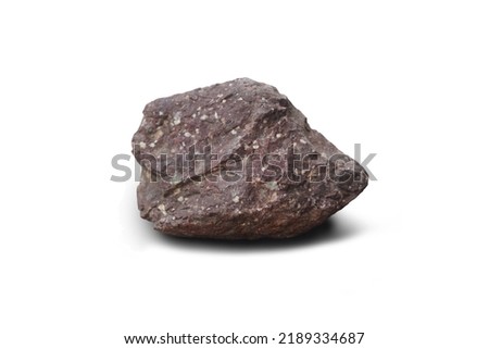Sample raw specimen of purple rhyolite extrusive igneous rock stone on white background.