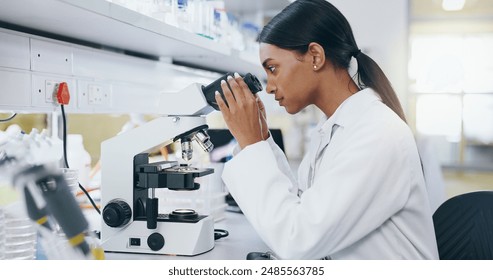 Sample, research and woman with microscope, science and check experiment for DNA analysis. Person, scientist and employee with lab equipment, forensic testing and cure development to study bacteria - Powered by Shutterstock