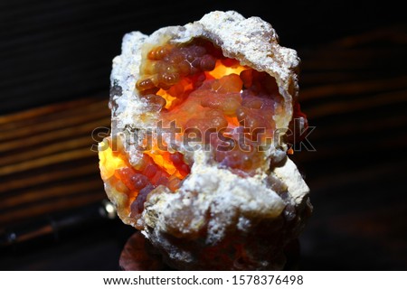 A sample of sinter chalcedony with large spherulites. Golutvino deposit, Russia