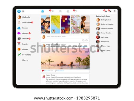 Sample social media website on tablet computer. All contents are made up.