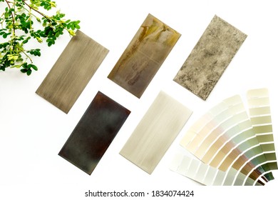 Sample of wood and countertops samples for furniture design, top view - Shutterstock ID 1834074424