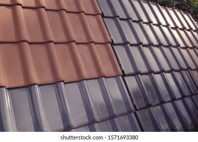 Samples Of Ceramic Roofing Tiles In A Warehouse Of A Roofing Materials Store. Modern Roof Made Of Metal. Cement Sand Tiles.