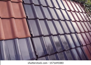 Samples Of Ceramic Roofing Tiles In A Warehouse Of A Roofing Materials Store. Modern Roof Made Of Metal. Cement Sand Tiles.