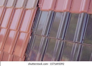 Samples Of Ceramic Roofing Tiles In A Warehouse Of A Roofing Materials Store. Modern Roof Made Of Metal. Cement Sand Tiles.