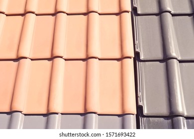 Samples Of Ceramic Roofing Tiles In A Warehouse Of A Roofing Materials Store. Modern Roof Made Of Metal. Cement Sand Tiles.