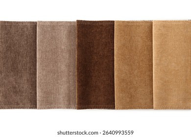 Samples of different fabrics isolated on white, top view