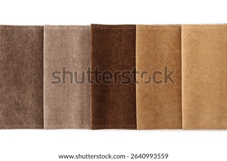Samples of different fabrics isolated on white, top view