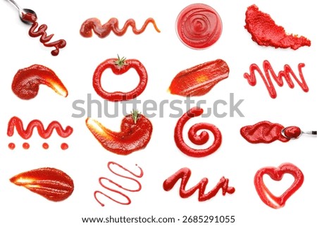 Samples of different tomato sauces on white background