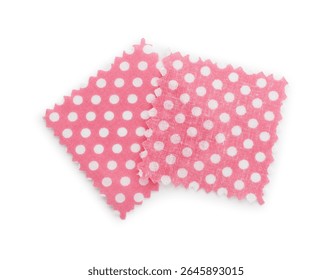 Samples of fabrics with polka dot pattern isolated on white, top view
