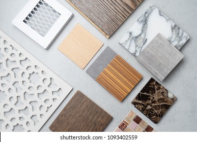 samples of material, wood , on concrete table.Interior design select material for idea. - Shutterstock ID 1093402559