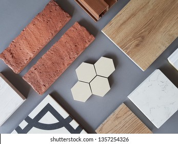  samples of material, wood , on concrete table.Interior design select material for idea. Decoration idea concept vintage material.

 - Shutterstock ID 1357254326