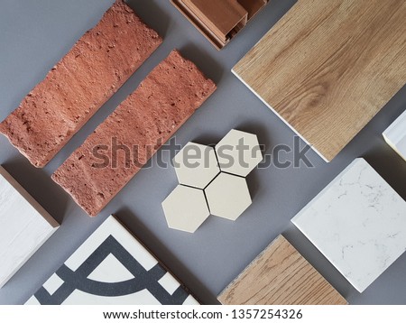  samples of material, wood , on concrete table.Interior design select material for idea. Decoration idea concept vintage material.

