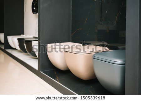 samples of modern sanitary ware for the toilet. new modern toilet in the plumbing store
