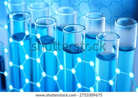 Samples in test tubes, double exposure with hexagonal lattice of carbon atoms. Biochemistry researches