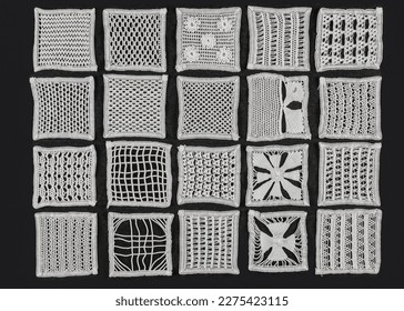 Samples of types of renaissance lace, on a black background, typical of northeastern Brazil.