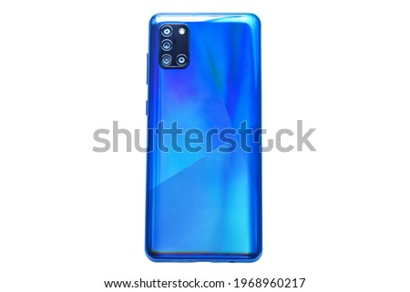 Samsung A31 blue smartphone back camera unit with body isolated on white 