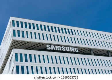 Samsung Trademark Sign Is Displayed LEED Platinum Certified Company Office In Silicon Valley - San Jose, California, USA - April 7, 2019