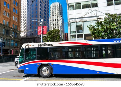 SamTrans Bus Is Driving On Mission Street In Downtown. SamTrans Is A Public Transport Agency In And Around San Mateo County - San Francisco, California, USA - 2020