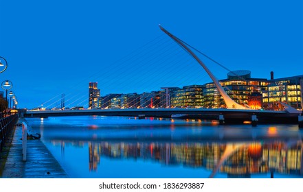 Samuel Backett Bridge (Harp Bridge) at twilight blue hour - River Liffey, Dublin  Ireland 