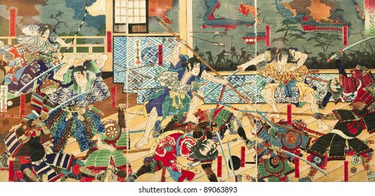 Samurai battle on old vintage Japanese Traditional paintings