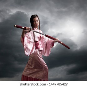 Samurai Kimono Holding Katana Sword Looking Stock Photo 1449785429 ...