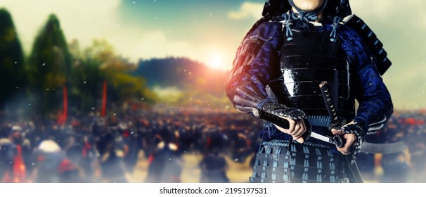 A samurai standing on the battlefield. Sengoku period. Wide image for banners, advertisements.