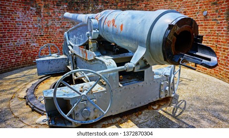 Samut Prakan, Thailand - April 1, 2019: Disappearing Gun Of Phisuea Samut Fort Museum