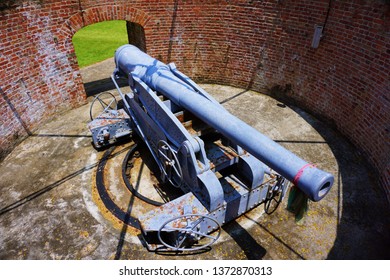 Samut Prakan, Thailand - April 1, 2019: Disappearing Gun Of Phisuea Samut Fort Museum