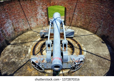 Samut Prakan, Thailand - April 1, 2019: Disappearing Gun Of Phisuea Samut Fort Museum