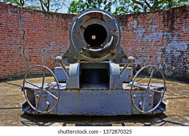 Samut Prakan, Thailand - April 1, 2019: Disappearing Gun Of Phisuea Samut Fort Museum