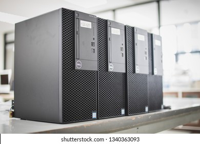 Samut Prakan, Thailand - February 22, 2019: New Dell Optiplex Desktop PC With Intel Core I5 Coffee Lake CPU To Be Installed In The Computer Lab In An University