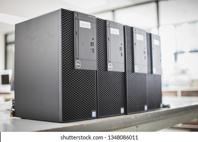 Samut Prakan, Thailand - February 22, 2019: New Dell Optiplex Desktop PC With Intel Core I5 Coffee Lake CPU To Be Installed In The Computer Lab In An University