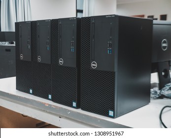 Samut Prakan, Thailand - February 8, 2019: New Dell Optiplex Desktop PC With Intel Core I5 Coffee Lake CPU To Be Installed In The Computer Lab In An University