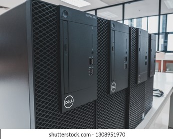 Samut Prakan, Thailand - February 8, 2019: New Dell Optiplex Desktop PC With Intel Core I5 Coffee Lake CPU To Be Installed In The Computer Lab In An University