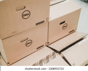 Samut Prakan, Thailand - February 8, 2019: Dell Cardboard Box Package Containing Dell Optiplex Desktop PC