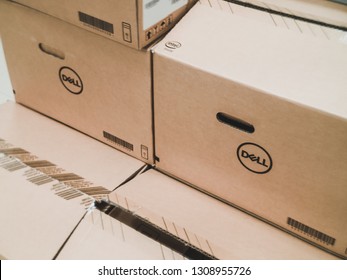 Samut Prakan, Thailand - February 8, 2019: Dell Cardboard Box Package Containing Dell Optiplex Desktop PC