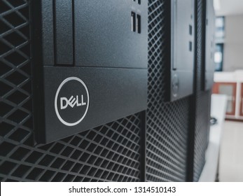 Samut Prakan, Thailand - February 8, 2019: Close Up Of Dell Logo On Its Optiplex Desktop PC In A Computer Lab