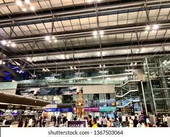 Samut Prakan, Thailand - July 30,2018: View of Suvarnabhumi Airport, unofficially as Bangkok Airport, which is the biggest international airports in Southeast Asia and a regional hub for aviation.