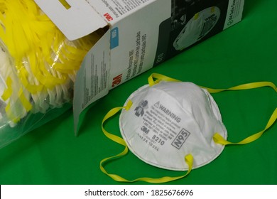 Samut Prakan, Thailand: October 1, 2020: 3M's N95 Small Dust Mask Is Popular All Over The World, N95 Mask And Box On Green Background- Image