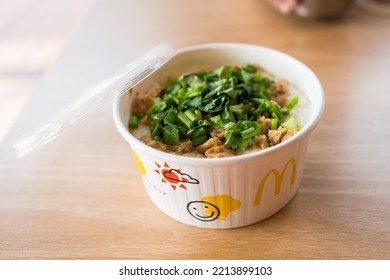 Samut Prakan, Thailand - October 14, 2022 : Porridge Pork In Paper Bowl Cup From  McDonald's Is One Of The Meals Choice Breakfast Specials At McDonald's