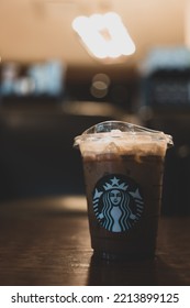 Samut Prakan, Thailand - October 14, 2022 : Starbucks Cold Mocha Drink In Plastic Cup In Starbucks Shop. Famous Coffee Brand Franchise Originated In USA