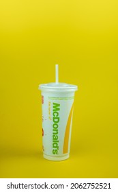 Samut Prakan, Thailand - October 24, 2021 : A Drink Cup Of McDonald's With Plastic Straw With Logo The World's Largest Fast Food Restaurants