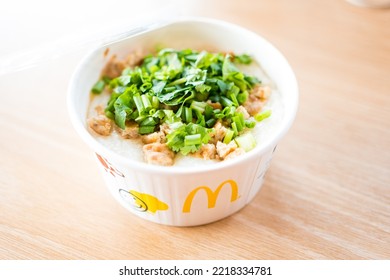 Samut Prakan, Thailand - October 25, 2022 : Porridge Pork In Paper Bowl Cup From  McDonald's Is One Of The Meals Choice Breakfast Specials At McDonald's