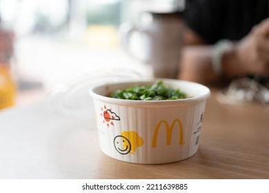 Samut Prakan, Thailand - October 8, 2022 : Porridge Pork In Paper Bowl Cup From  McDonald's Is One Of The Meals Choice Breakfast Specials At McDonald's