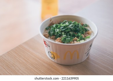 Samut Prakan, Thailand - October 8, 2022 : Porridge Pork In Paper Bowl Cup From  McDonald's Is One Of The Meals Choice Breakfast Specials At McDonald's