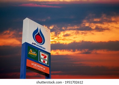 Samut Sakhon, Thailand - April 7, 2021: PTT Gas station business in Samut Sakhon, Thailand.