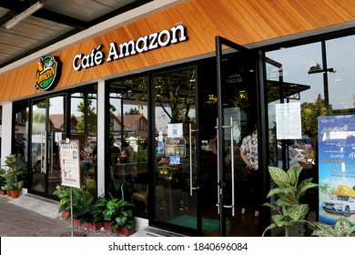 Samut Sakhon , Thailand - Oct 23,2020 : Cafe Amazon beverage shop at PTT Oil station. It's a famous Thai franchise coffee house in Thailand.