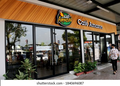 Samut Sakhon , Thailand - Oct 23,2020 : Cafe Amazon beverage shop at PTT Oil station. It's a famous Thai franchise coffee house in Thailand.