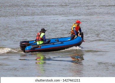 Samut Sakhon, Thailand-June 10, 2019: Water Rescue Use Rubber Boats To Check For Water Security.